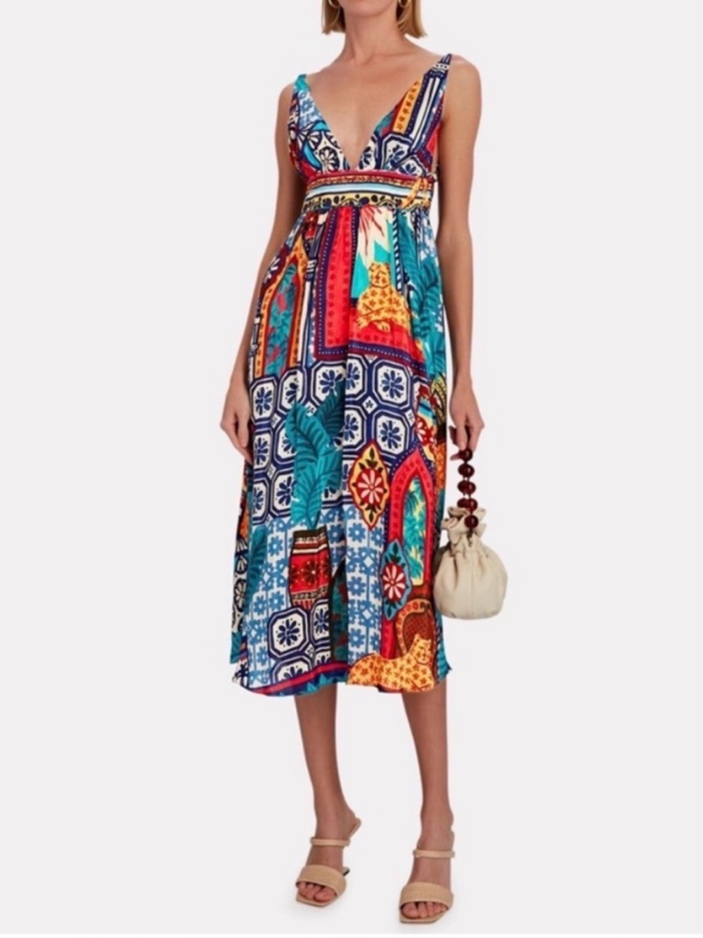 Farm Rio Blue Leopard Mosaic V-Neck Midi Dress Small Scarf
Print